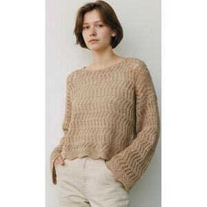 American Eagle Tan Pointelle Knit Sweater Scalloped Hem Boho Beige Size Medium